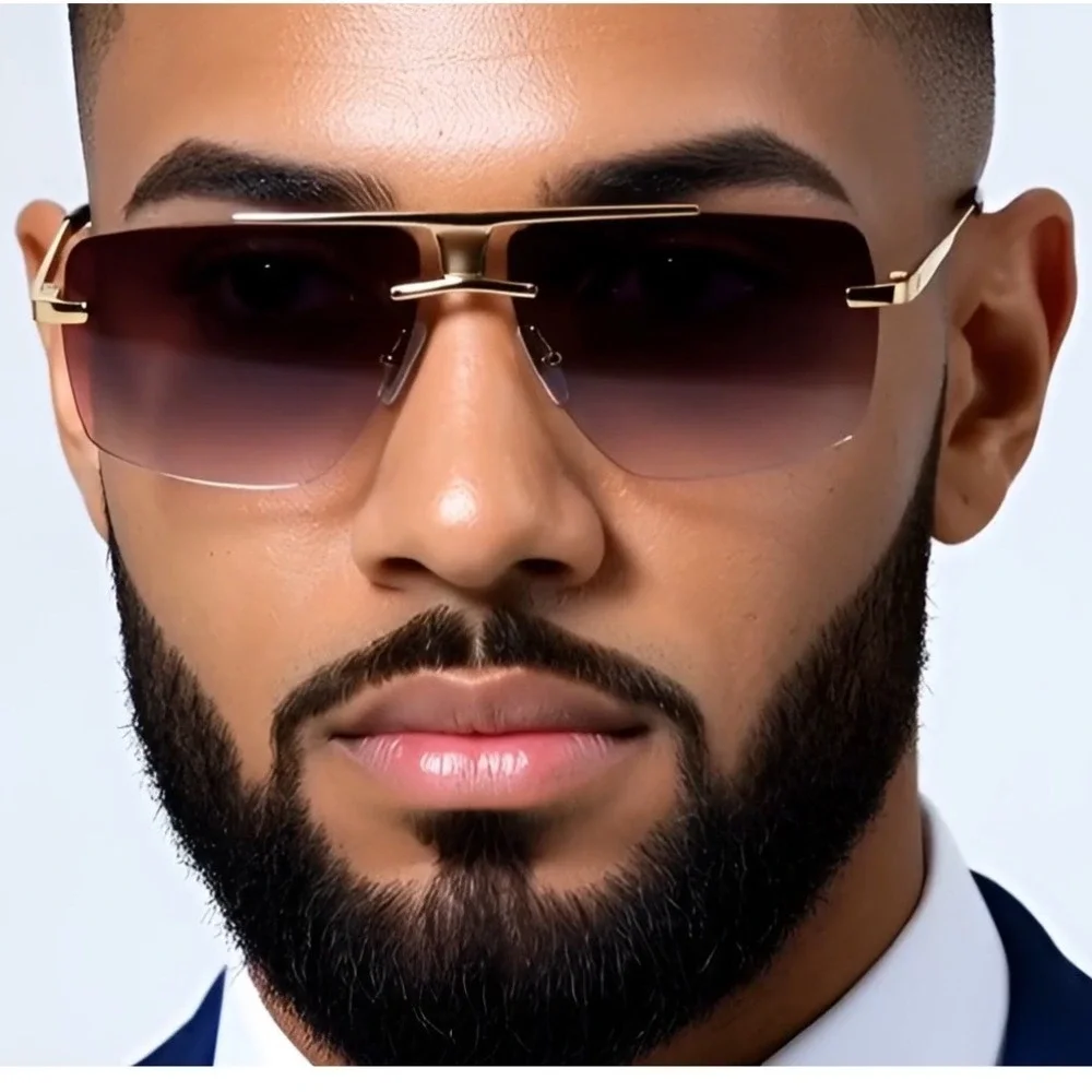 Men's Oversized Rimless Shield Sunglasses Gold Double Bridge Gradient Lenses New
